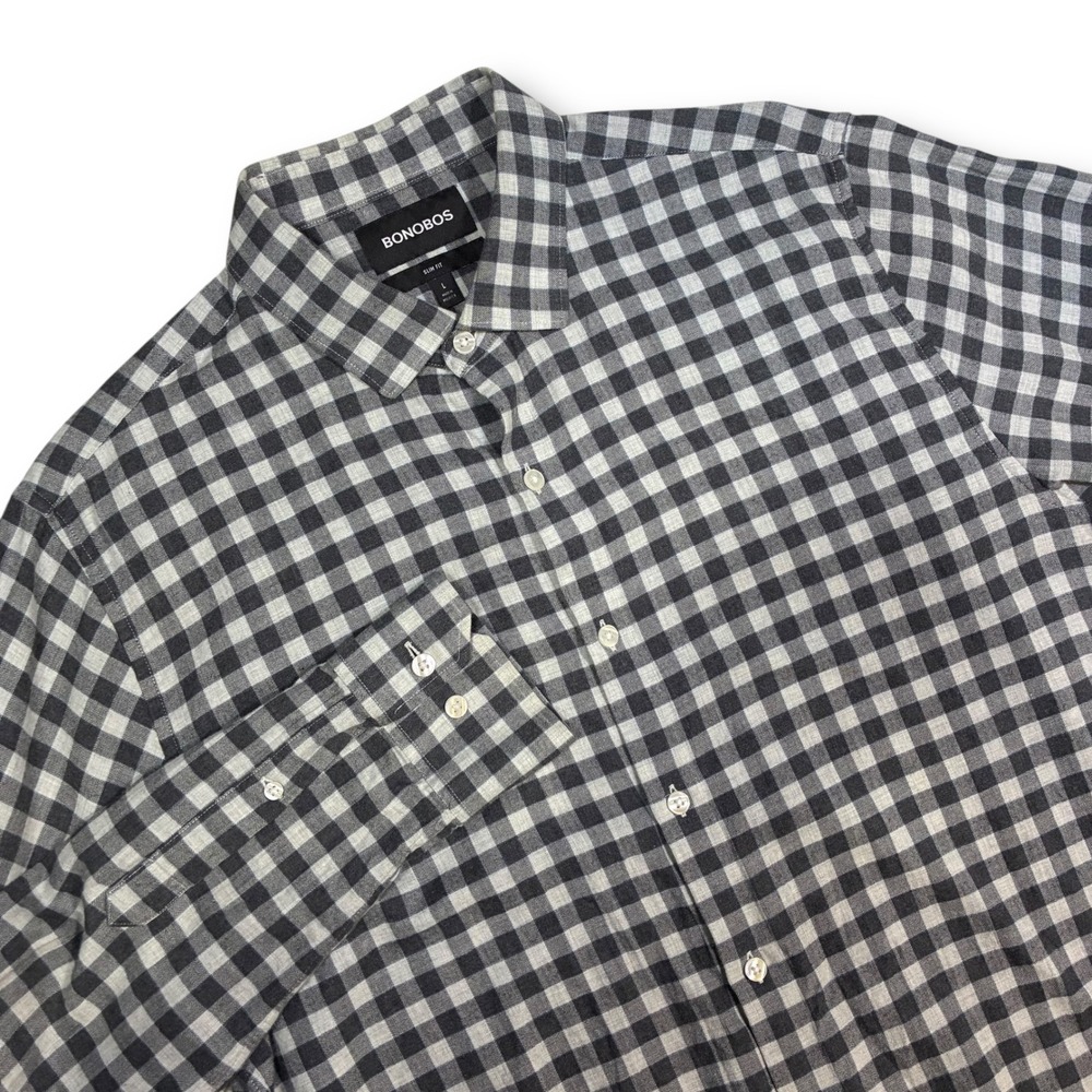 Bonobos Mens Gray Gingham Check Slim Fit Long Sleeve Button Down Shirt‎ L